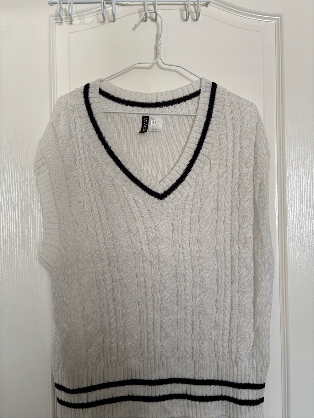 White Knit Vest with Black Stripe Trim